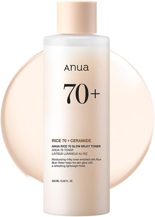 ANUA Rice 70 Glow Milky Toner, for Glass Skin, Rice Water, Niacinamide, Ceramides, Panthenol, Non comedogenic, Fungal Acne Safe, Korean Skin Care, 250ml/8.45fl.oz.