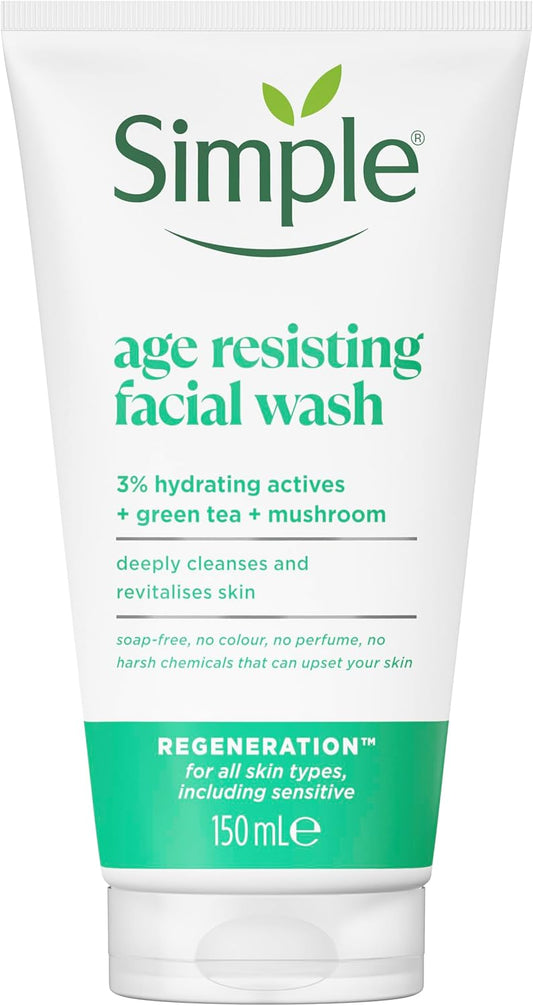 Simple Regeneration Age Resisting Facial Wash with green tea and prebiotic cleanser for revived and revitalised skin 150 ml
