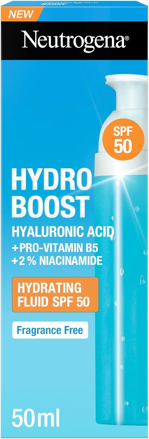 Neutrogena Hydro Boost Hydrating Sun Fluid SPF 50, Lightweight, Non-Sticky, with Hyaluronic Acid, Pro-Vitamin B5 and 2% Niacinamide, 50ml