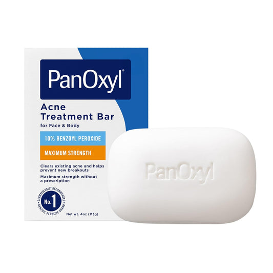 PanOxyl Acne Treatment Bar with 10% Benzoyl Peroxide, Maximum Strength Bar Soap for Face, Chest and Back, Benzoyl Peroxide Soap Body Wash, Vegan, For Acne Prone Skin, 4 oz