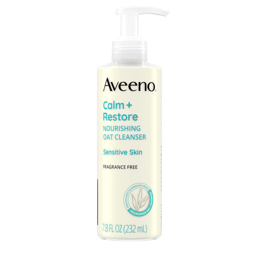 Aveeno Calm + Restore Nourishing Oat Cleanser, Daily Hydrating Facial Cleanser & Face Wash for Sensitive Skin, Non-Foaming, Hypoallergenic, Non-Comedogenic, Fragrance-Free, with Feverfew, 7.8 fl oz