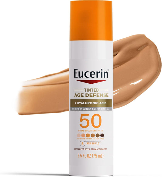 Eucerin Sun Tinted Age Defense SPF 50 Face Sunscreen Lotion with Hyaluronic Acid, Hypoallergenic, Non-Comedogenic Tinted Sunscreen SPF 50 Free of Fragrance, Oxybenzone and Octinoxate, 2.5 Fl Oz Bottle