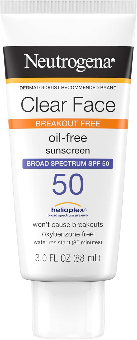 Neutrogena Clear Face Sunscreen Lotion for Acne-Prone Skin, Broad Spectrum SPF 50, Sunscreen for Face & Oily Skin, Oil-,Fragrance- & Oxybenzone-Free, Water Resistant, Matte, Unscented, 3 Fl Oz