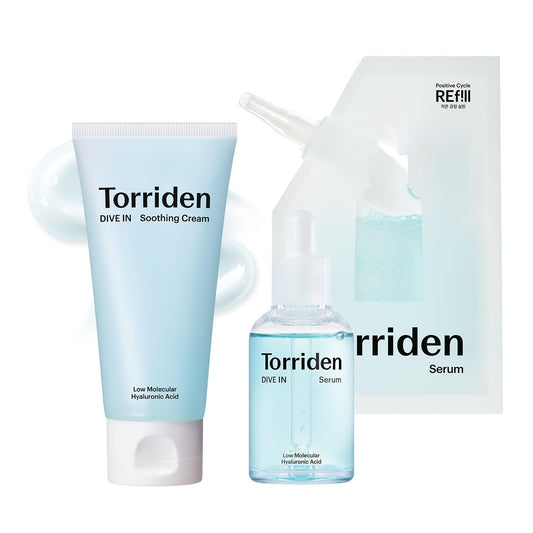 Torriden DIVE IN Hyaluronic Acid Soothing Cream 100ml (Tube) (3.38 fl. oz) + DIVE IN Serum 50ml (1.69 fl. oz) + refill pouch 50ml (1.69 fl. oz)