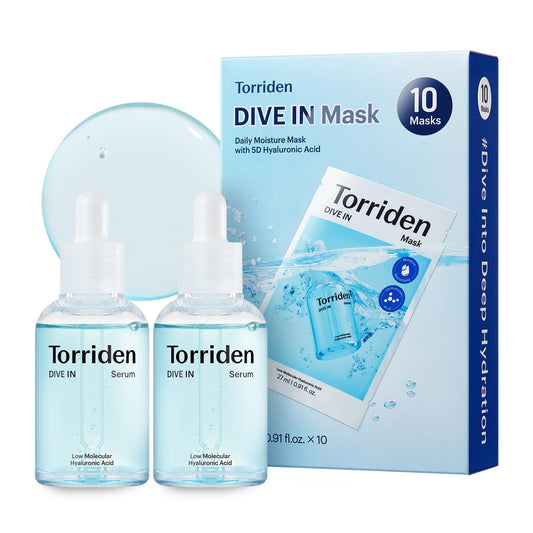 Torriden DIVE IN Hyaluronic Acid Facial Mask (10 sheets) + Hyaluronic Acid Serum 50ml(1.69 fl.oz.) * 2 (Pack of 2)