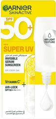 Garnier Skin Active Invisible Serum Sunscreen Vitamin C SPF50+ PA++++, for Men and Women, UVA, UVB and long UVA, lightweight and invisible on skin, non-greasy and non-oily, 30 ml