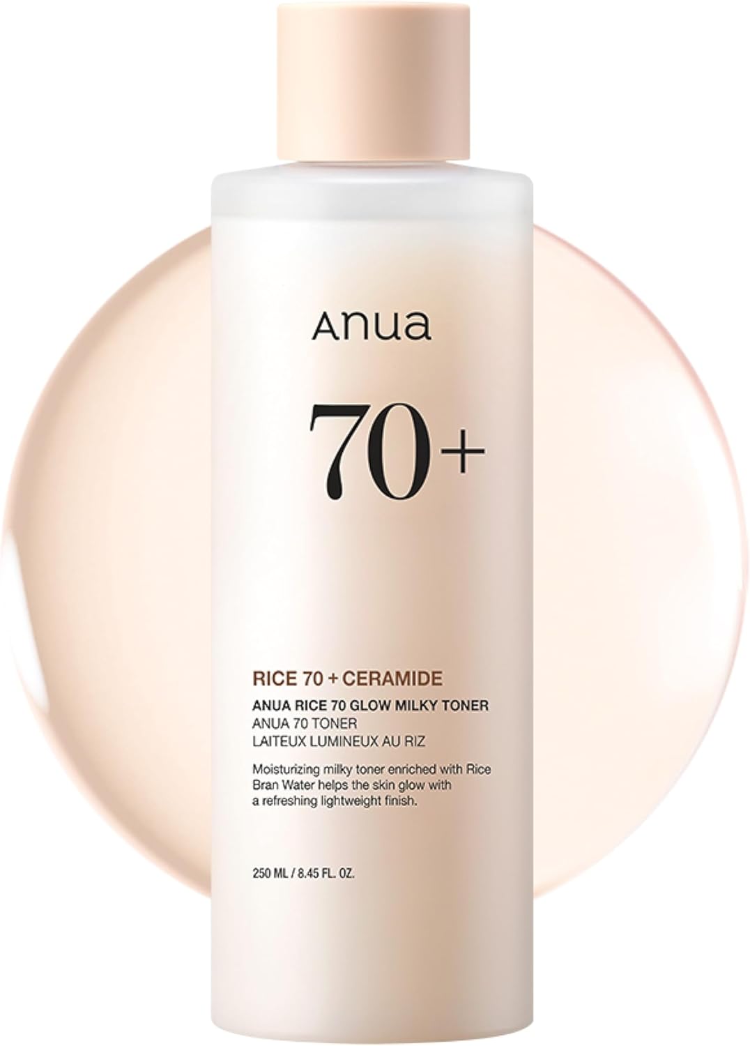ANUA Rice 70 Glow Milky Toner, for Glass-like Skin and Whitening, Rice Water, Niacinamide, Ceramides, Panthenol, Non-Comodogenic, Fungal Acne Safe, 250ml/8.45fl.oz