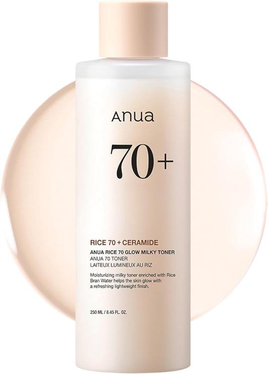 ANUA Rice 70 Glow Milky Toner, for Glass-like Skin and Whitening, Rice Water, Niacinamide, Ceramides, Panthenol, Non-Comodogenic, Fungal Acne Safe, 250ml/8.45fl.oz