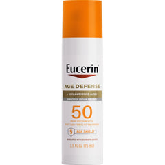 Eucerin Sun Age Defense SPF 50 Face Sunscreen Lotion with Hyaluronic Acid, Hypoallergenic, Non-Comedogenic Sunscreen SPF 50 Free of Fragrance, Oxybenzone and Octinoxate, 2.5 Fl Oz Bottle