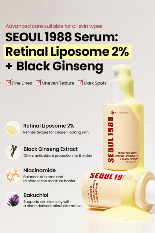 KSECRET SEOUL 1988 Serum : Retinal Liposome 2% + Black Ginseng, 30ml/1.01fl.oz | 58% Black Ginseng Extract with Retinal, Bakuchiol, Vitamin C & 3 Peptides for Wrinkle Care | Korean Skincare |