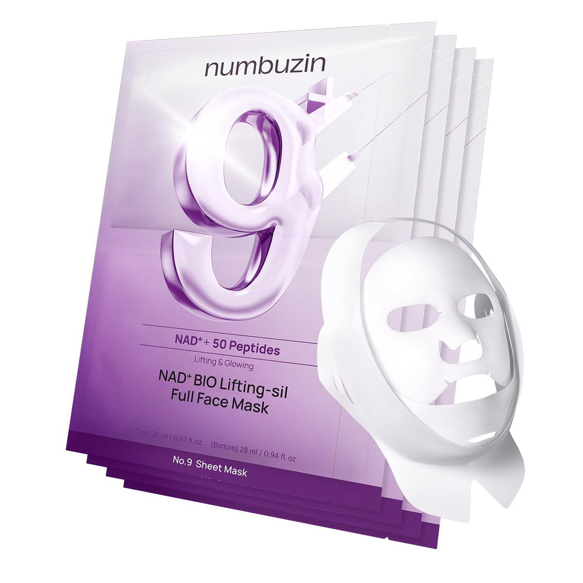 numbuzin No.9+ NAD+ BIO Lifting Full Face Mask, Peptide & Collagen Two-Piece Firming Mask for a Smooth, Defined-Looking Skin Finish, 4 Sheets + Lifting Band