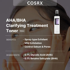 COSRX AHA/BHA Treatment Toner 5.07 fl.oz/ 150ml, Facial Exfoliating Spray for Whiteheads, Pores, & Uneven Skin, Korean Toner, Not Tested on Animals, No Parabens, No Sulfates, Korean Skin Care