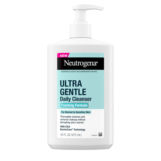 Neutrogena Ultra Gentle Foaming Facial Cleanser, Fragrance Free Hydrating Face Wash for Sensitive Skin, Daily Non Over Drying Makeup Remover, Hypoallergenic, Soap & Dye Free, Non-Comedogenic, 16 Fl Oz