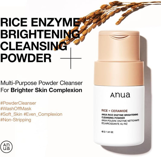 ANUA Rice Enzyme Brightening Cleansing Powder, Rice Mask, Ceramide, Gentle Face Wash for Brightening, Radiant Skin, Facial Cleanser for Dry Skin, Korean Skincare, Fragrance Free, 40g/1.41fl.oz.