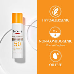 Eucerin Sun Age Defense SPF 50 Face Sunscreen Lotion with Hyaluronic Acid, Hypoallergenic, Non-Comedogenic Sunscreen SPF 50 Free of Fragrance, Oxybenzone and Octinoxate, 2.5 Fl Oz Bottle