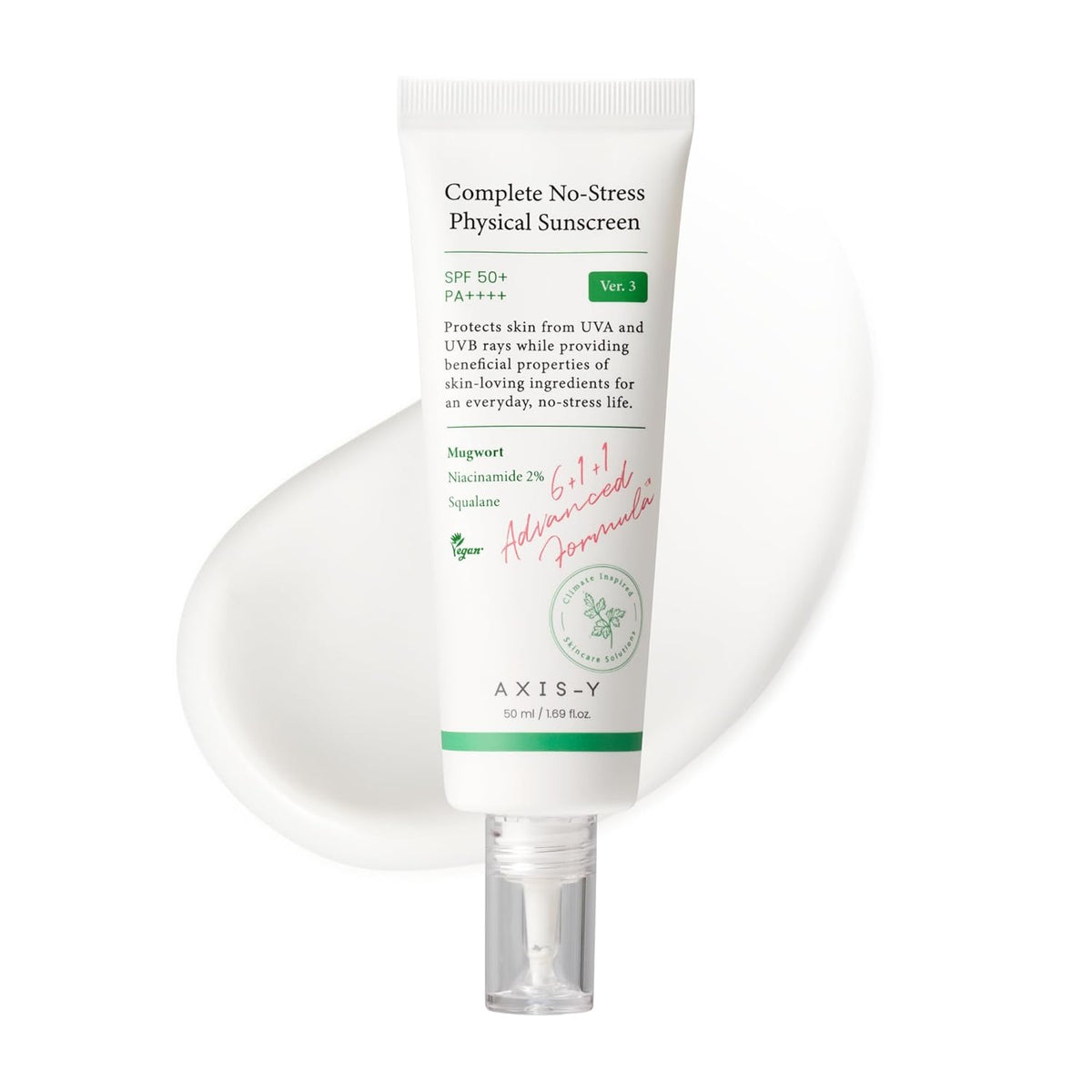 AXIS-Y Complete No-Stress Physical Sunscreen V3 - SPF 50 Mineral Face Sunscreen Moisturizer with 2% Niacinamide, Zinc Oxide for Broad Spectrum Sun Care - Vegan Korean Skin Care -1.69 fl. oz.
