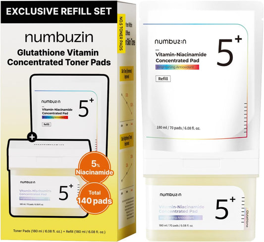 numbuzin No.5 Vitamin-Niacinamide Concentrated Pad, Daily Double-Sided Facial Pads with Glutathione, PHA & LHA for a Fresh, Radiant-Looking Skin Finish 180 ml (70 Pads)