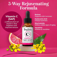 TruSkin Vitamin C Super Serum for Face - Five Skin Benefits in One Serum with Vitamin C, Retinol, Niacinamide, Hyaluronic Acid & Squalane - Brighten, Firm & Smooth the Look of Skin - 1 fl oz