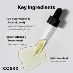 COSRX Pure Vitamin C 13% Serum with Vitamin E & Hyaluronic Acid, Hydrating Facial Serum for Fine Lines, Uneven Skin Tone & Dull Skin, 0.67fl.oz/20ml, Korean Skin Care