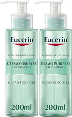 Eucerin DermoPurifyer Oil Control Face Cleansing Gel for Blemish & Acne-Prone Skin, Removes Excess Sebum, Dirt and Makeup, Fragrance-Free, Soap-Free, Suitable for Blemish and Acne-Prone Skin, 200mlx2