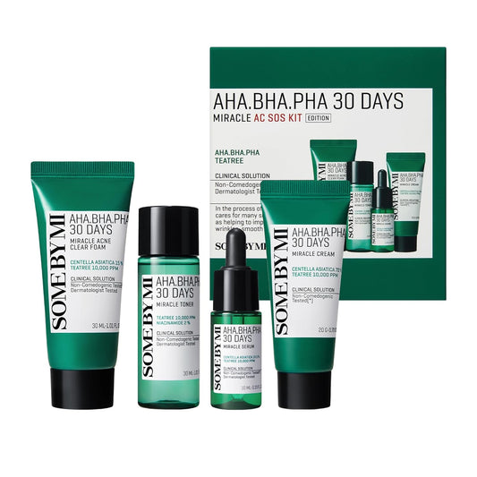 SOME BY MI AHA BHA PHA 30Days Miracle AC SOS Kit - Toner 1.01Oz, Serum 0.33Oz, Cream 0.7Oz, Foam 1.01Oz - Mild Exfoliating Daily Skin Care Set - Skin Wastes, Sebum, Oiliness Care - Korean Skin Care