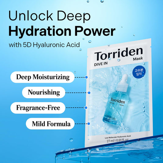 Torriden DIVE IN Hyaluronic Acid Facial Mask (10 sheets) + Hyaluronic Acid Serum 50ml(1.69 fl.oz.) * 2 (Pack of 2)