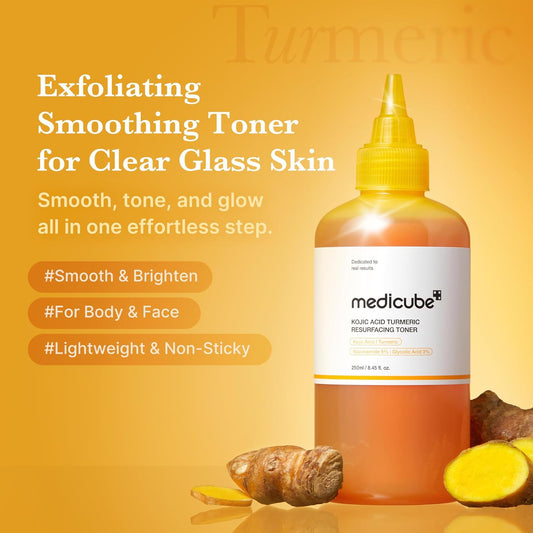 medicube Kojic Acid Turmeric Smoothing Toner for Face & Body | Lightweight Toner for Balancing Uneven Skin Tone & Texture | Niacinamide, Glycolic Acid for Clear Glass Skin | 8.45 fl.oz