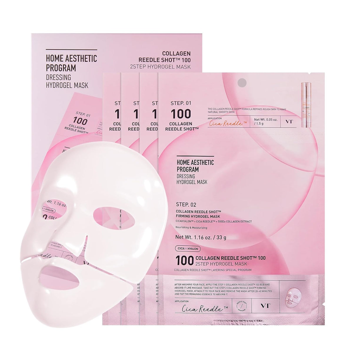 VT COSMETICS Reedle Shot 100 2-Step Hydrogel Mask (34.5g x 4ea), Firming & Elasticity Care, Exosome 500Da, Fine Lines, Hydrating Overnight Melting Mask, Korean Skincare Facial Mask