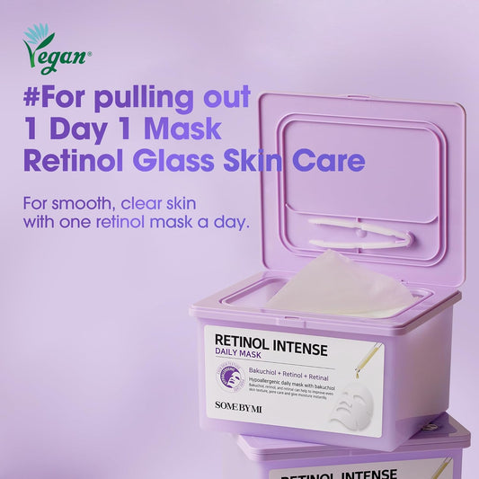 SOME BY MI Retinol Intense Daily Mask - With Bakuchiol + Retinol + Retinal | Improve Even Skin Texture, Pore Care & Instant Moisture | 30 Sheets, 11.8Oz