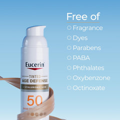Eucerin Sun Tinted Age Defense SPF 50 Face Sunscreen Lotion with Hyaluronic Acid, Hypoallergenic, Non-Comedogenic Tinted Sunscreen SPF 50 Free of Fragrance, Oxybenzone and Octinoxate, 2.5 Fl Oz Bottle