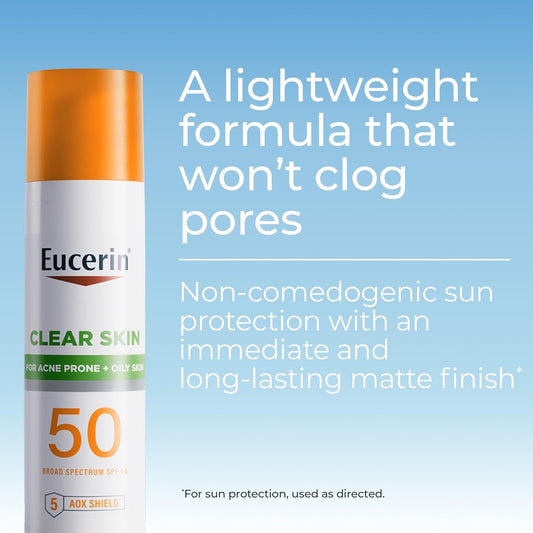 Eucerin Sun Clear Skin Face Sunscreen Lotion SPF 50 for Acne Prone and Oily Skin, Lightweight Sunscreen with Oil-Absorbing Minerals, Won't Cause Breakouts, Hypoallergenic, 2.5 Fl Oz Bottle