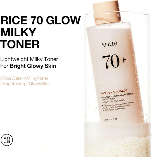 ANUA Rice 70 Glow Milky Toner, for Glass-like Skin and Whitening, Rice Water, Niacinamide, Ceramides, Panthenol, Non-Comodogenic, Fungal Acne Safe, 250ml/8.45fl.oz