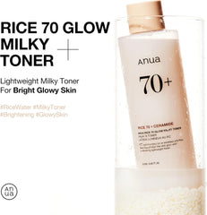 ANUA Rice 70 Glow Milky Toner, for Glass-like Skin and Whitening, Rice Water, Niacinamide, Ceramides, Panthenol, Non-Comodogenic, Fungal Acne Safe, 250ml/8.45fl.oz