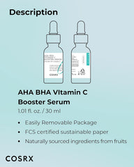 COSRX AHA BHA Vitamin C Booster Serum 1.01 fl. oz 30 ml, Face Serum, Brighten, Anti Aging, Plumping Skin, Natural, Fruit