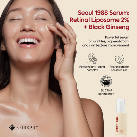 K-SECRET SEOUL 1988 Retinal Serum: 2% Retinal Liposome Black Ginseng Niacinamide Bakuchiol Vitamin C & 3 Peptides for Wrinkle Care Anti Aging - Korean Skincare Fragrance Paraben Cruelty Free 30mL