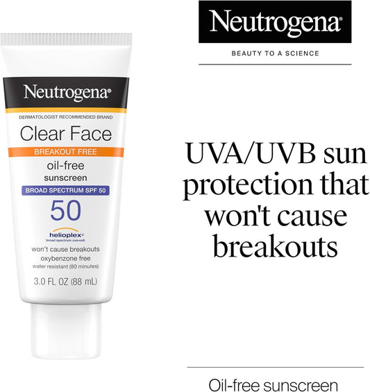 Neutrogena Clear Face Sunscreen Lotion for Acne-Prone Skin, Broad Spectrum SPF 50, Sunscreen for Face & Oily Skin, Oil-,Fragrance- & Oxybenzone-Free, Water Resistant, Matte, Unscented, 3 Fl Oz