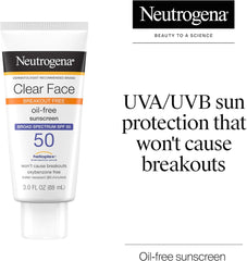 Neutrogena Clear Face Sunscreen Lotion for Acne-Prone Skin, Broad Spectrum SPF 50, Sunscreen for Face & Oily Skin, Oil-,Fragrance- & Oxybenzone-Free, Water Resistant, Matte, Unscented, 3 Fl Oz