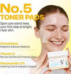 numbuzin No.5 Vitamin-Niacinamide Concentrated Pad, Daily Double-Sided Facial Pads with Glutathione, PHA & LHA for a Fresh, Radiant-Looking Skin Finish 180 ml (70 Pads)