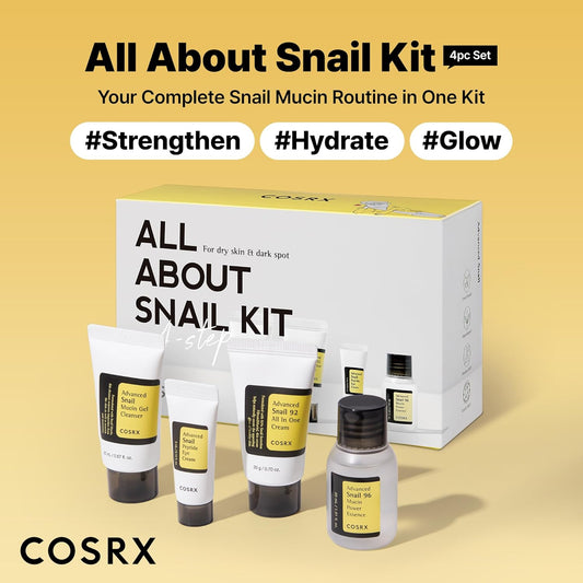 COSRX All About Snail Mucin Korean Skin Care Set, Mini Travel Essentials, Travel Size Gift Set with Snail Mucin Face Wash, Serum, Moisturizer & Eye Cream, Rejuvenating Kit