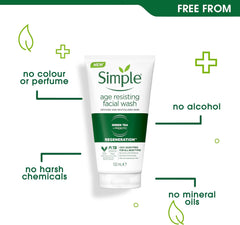 Simple Regeneration Age Resisting Facial Wash with green tea and prebiotic cleanser for revived and revitalised skin 150 ml