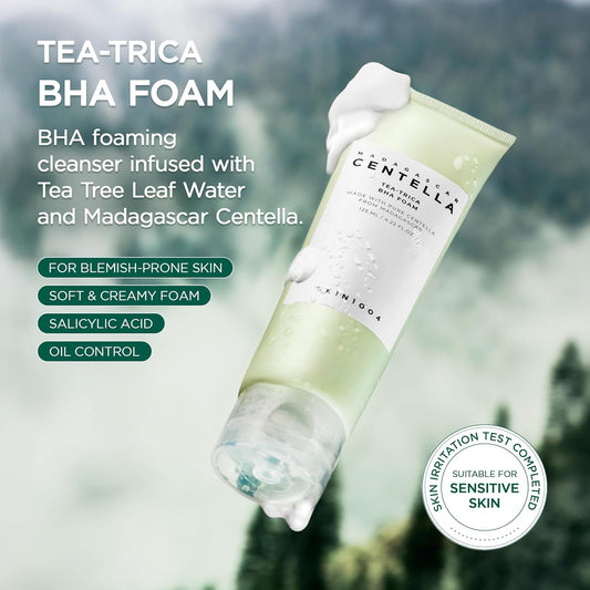 SKIN1004 Tea-Trica BHA Foam 4.22 fl.oz, 125ml, Makeup Remover, Korean Face Cleanser with Centella Asiatica & Tea Tree, Gentle Facial Foam Cleanser for Oil Control and Refreshing Skin, Korean Skin Care