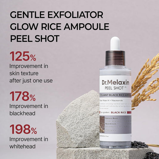 Dr.Melaxin Peel Shot Glow Black Rice Peeling Ampoule, Soft Exfoliating Face and Body Scrub Dead Skin Cells, Blackheads Remover for All Skin Types, 80ml