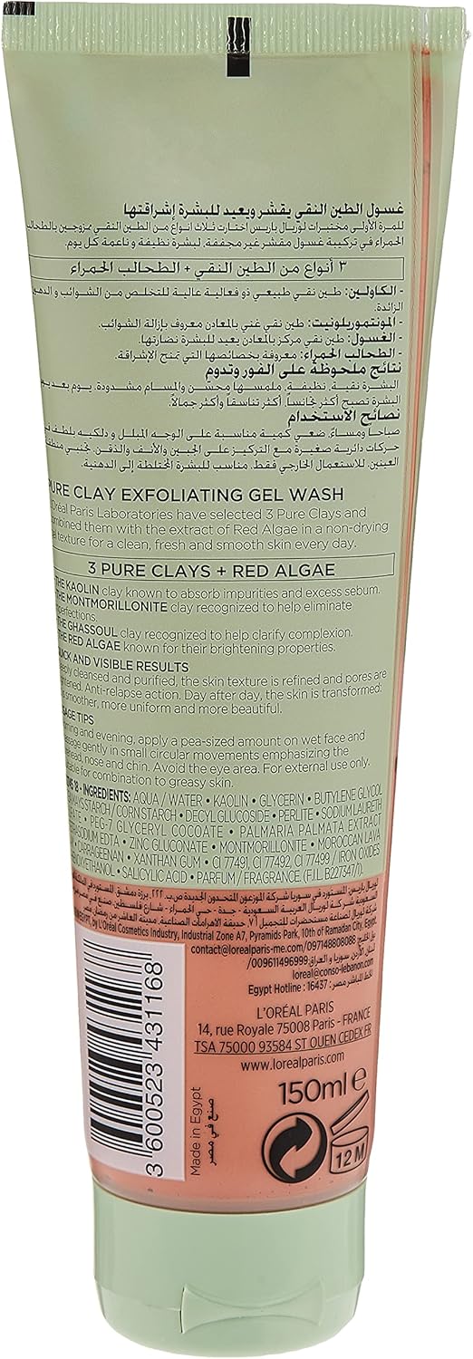 L’Oréal Paris Pure Clay Red Face Wash With Red Algae, Exfoliates & Brightens, 150 ml