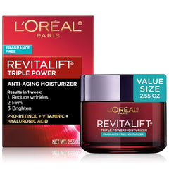 L'Oreal Paris Revitalift Triple Power Anti-Aging Face Moisturizer, Pro Retinol, Hyaluronic Acid & Vitamin C to Reduce Wrinkles, Firm & Brighten Skin, 1.7 Oz