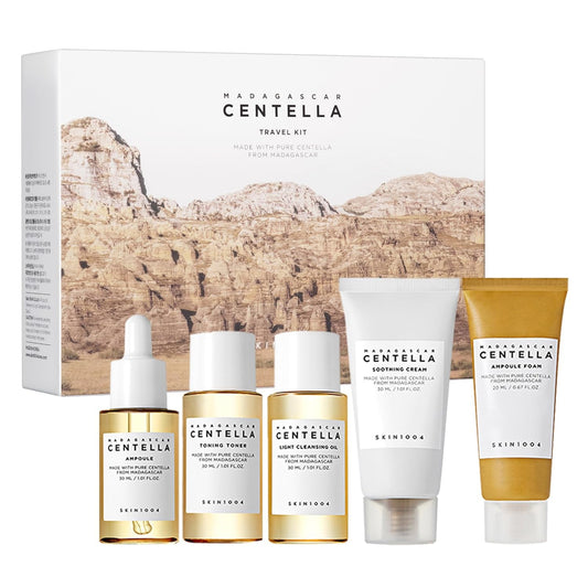 SKIN1004 Centella Travel Kit, Korean Skin Care Set with Toner, Moisturiser, Serum, Cleansing Oil & Cleanser, Travel Size Set with Madagascar Centella, Sensitive Skin, Perfect for Travel Beauty & Gifts