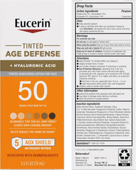 Eucerin Sun Tinted Age Defense SPF 50 Face Sunscreen Lotion with Hyaluronic Acid, Hypoallergenic, Non-Comedogenic Tinted Sunscreen SPF 50 Free of Fragrance, Oxybenzone and Octinoxate, 2.5 Fl Oz Bottle
