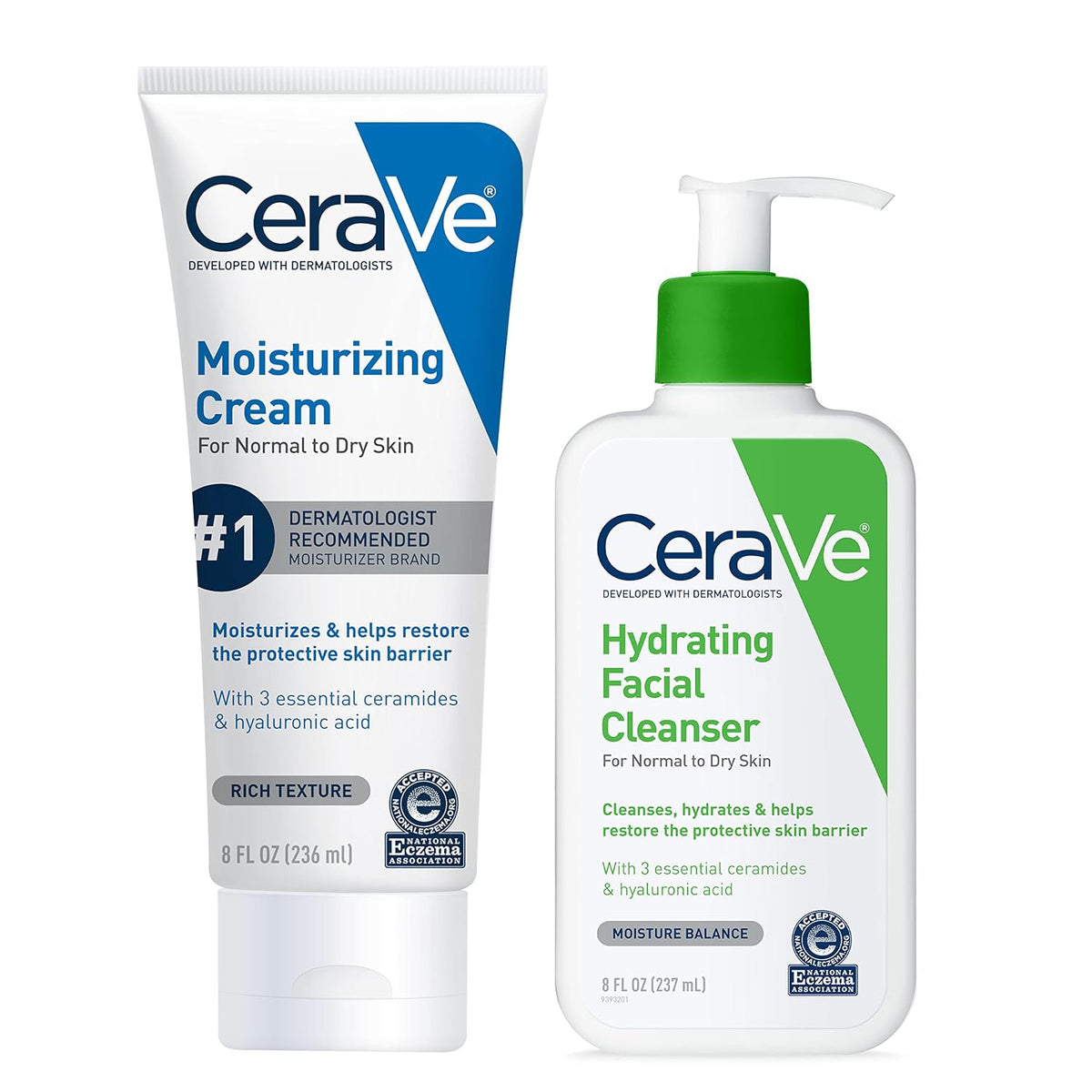 CeraVe Moisturizing Cream & Hydrating Facial Cleanser Skin Care Set, Combo Pack For Dry Skin Relief, Travel Essentials, 1oz Cleanser + 16oz Cream With Pump