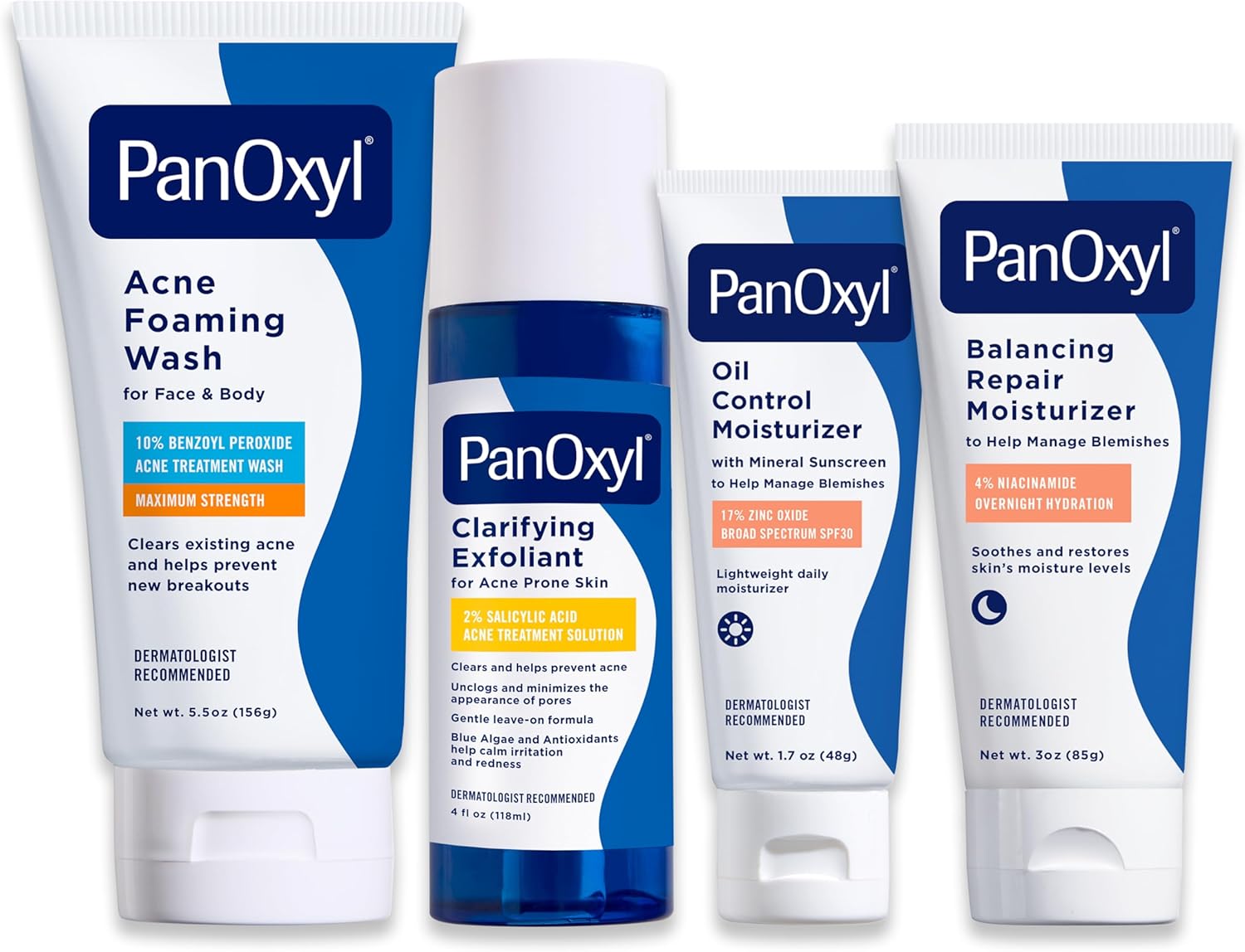PanOxyl skincare products including Acne Foaming Wash, Clarifying Exfoliant, Oil Control Moisturizer, and Balancing Repair Moisturizer.