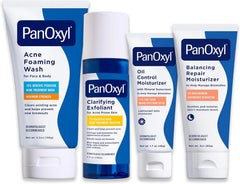 PanOxyl skincare products including Acne Foaming Wash, Clarifying Exfoliant, Oil Control Moisturizer, and Balancing Repair Moisturizer.