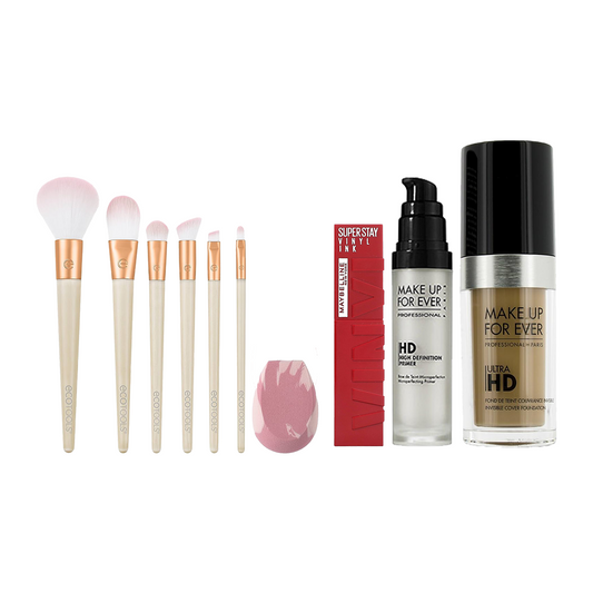 Make Up For Ever Beauty Bundle – Ultra HD Foundation 125, HD Primer, Maybelline Vinyl Ink #50, EcoTools Glow Kit (4-Piece Set)
